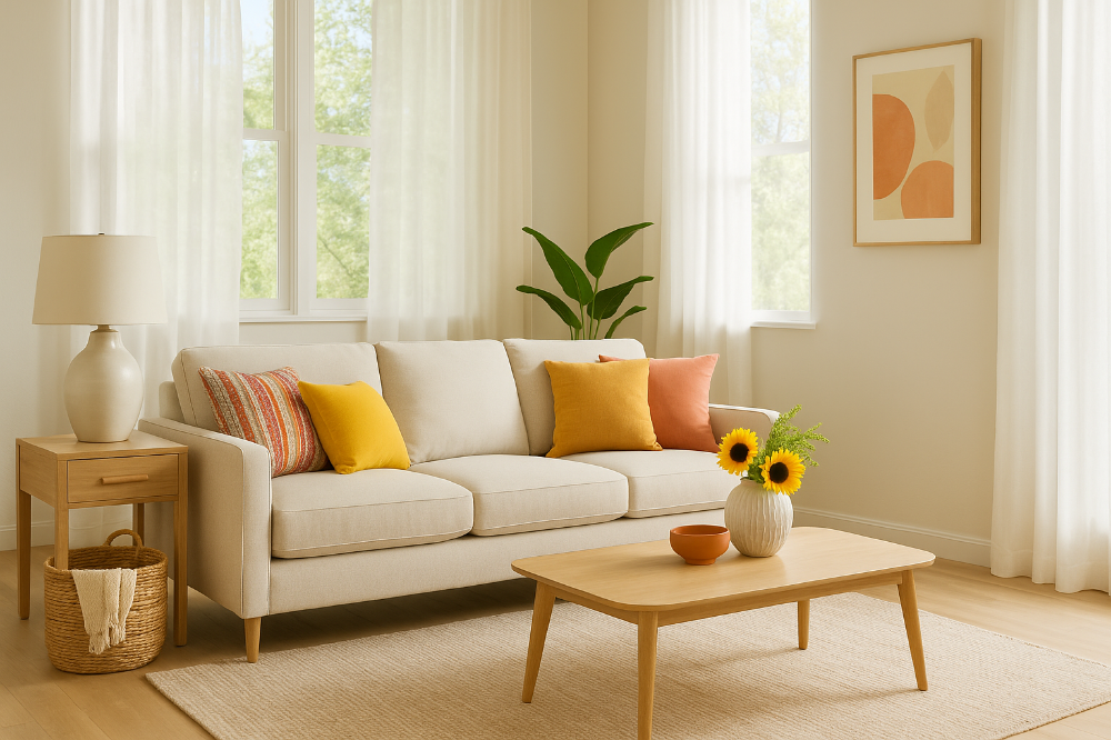 Bright living room with blue accents and natural light for summer styling